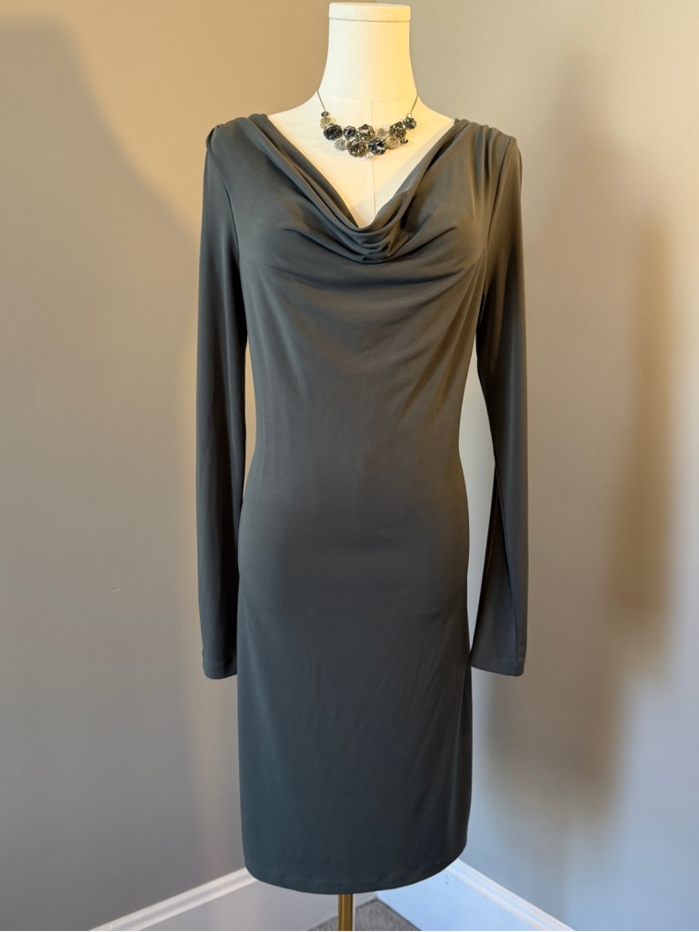 Calvin Klein Draped Cowl Neck Long Sleeve Dress - Olive green